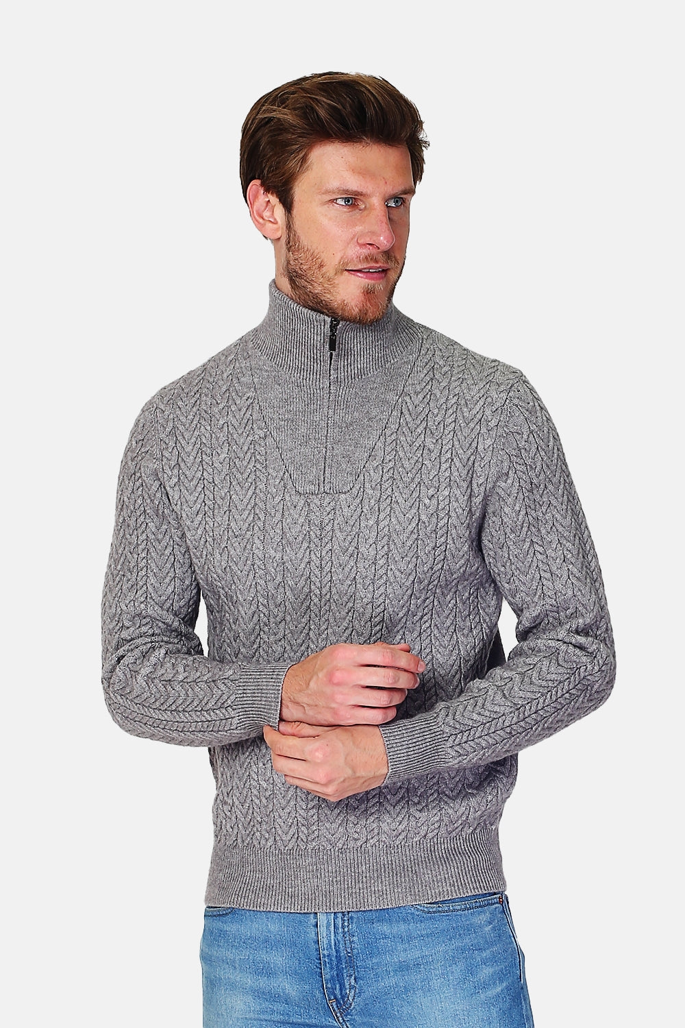 Maglione con collo stile camionista con zip e maniche lunghe in maglia fantasia Grigio -WFM105