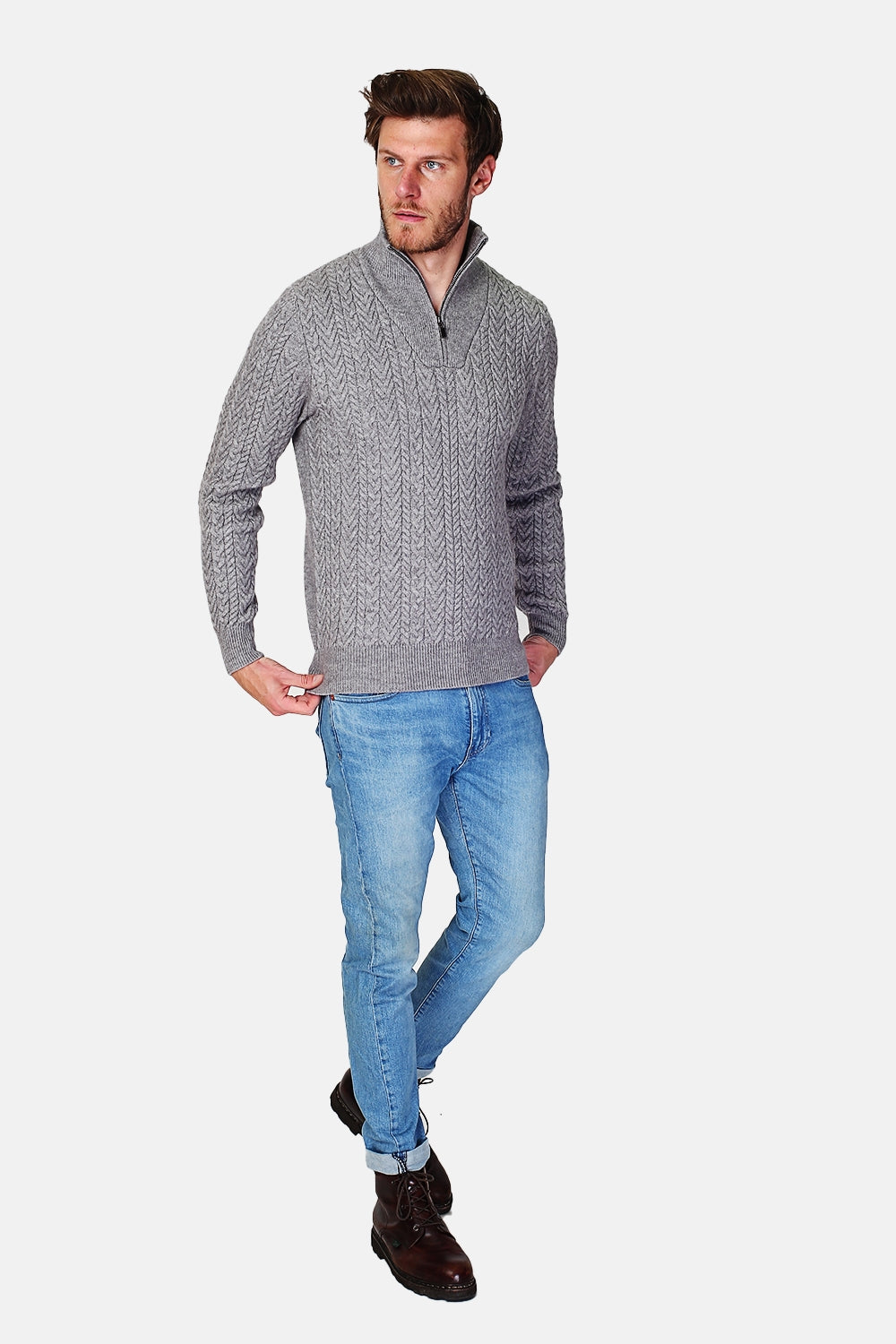 Maglione con collo stile camionista con zip e maniche lunghe in maglia fantasia Grigio -WFM105