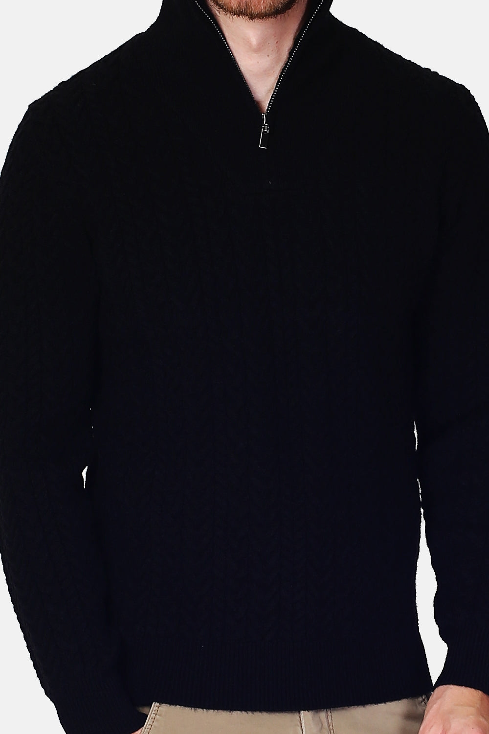 Maglione con collo stile camionista con zip e maniche lunghe in maglia fantasia Nero -WFM105