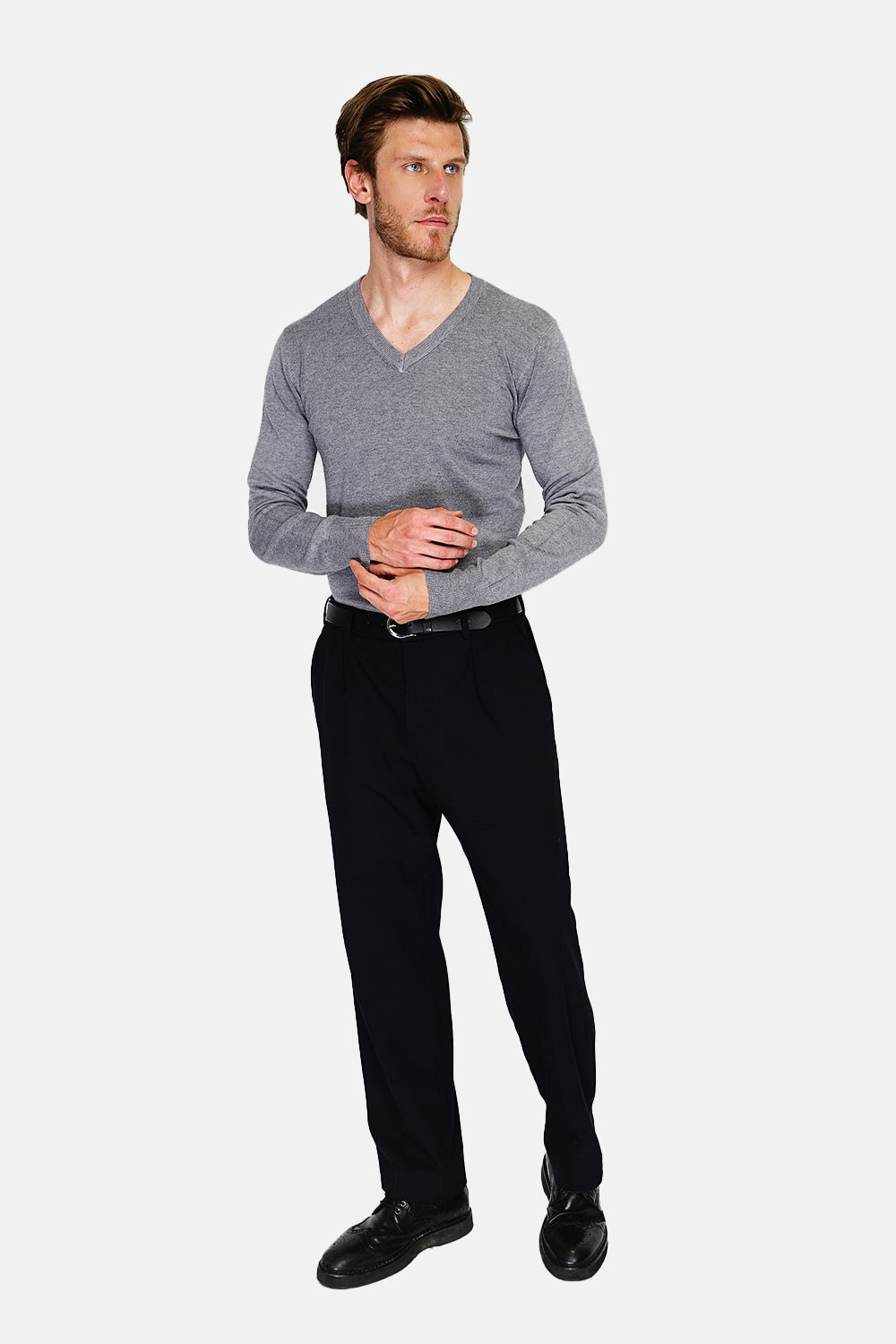 Maglione classico con scollo a V e maniche lunghe, lavorato a maglia a 3 fili - Flanella