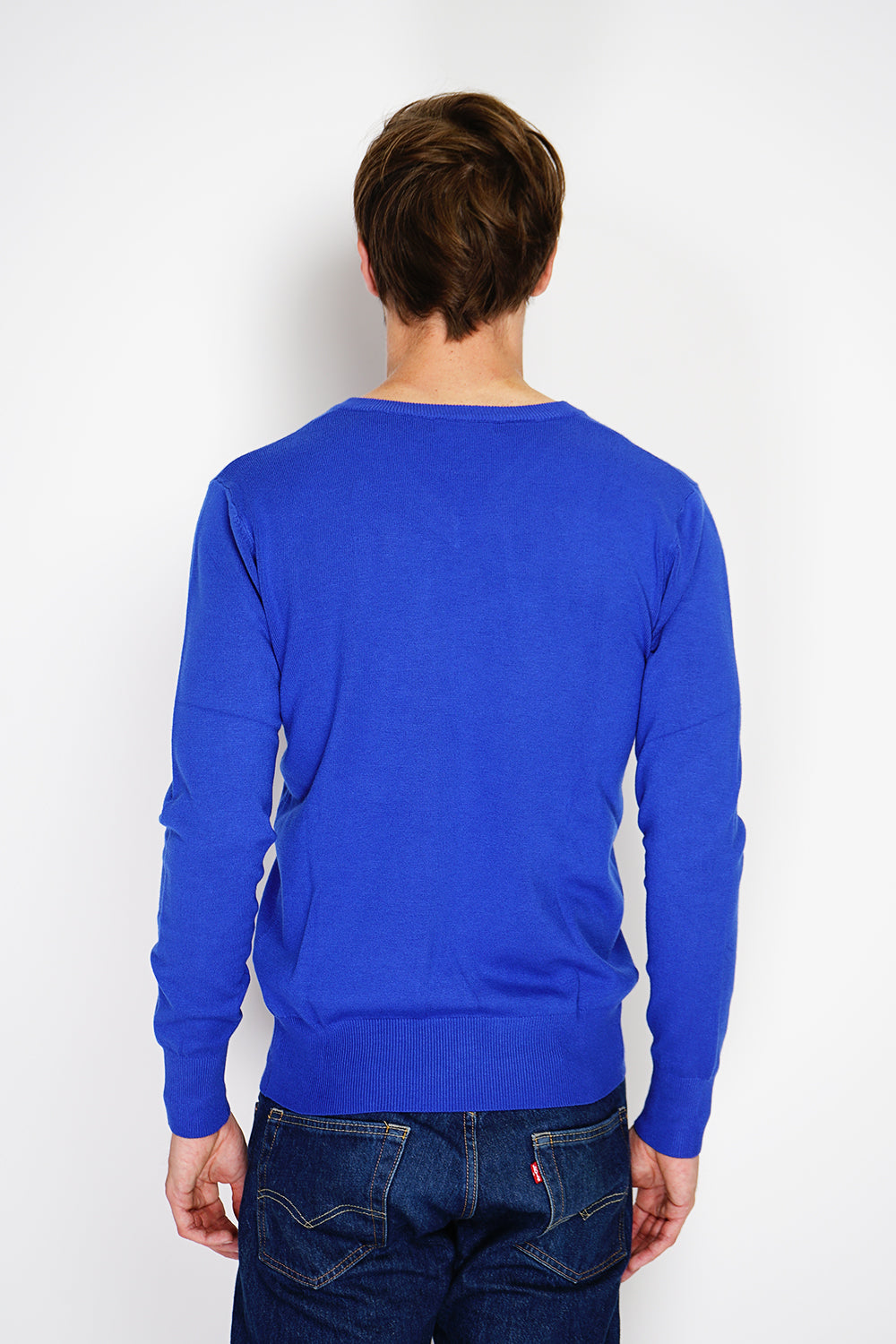 Maglione classico con scollo a V e maniche lunghe, lavorato a maglia a 3 fili - Reale