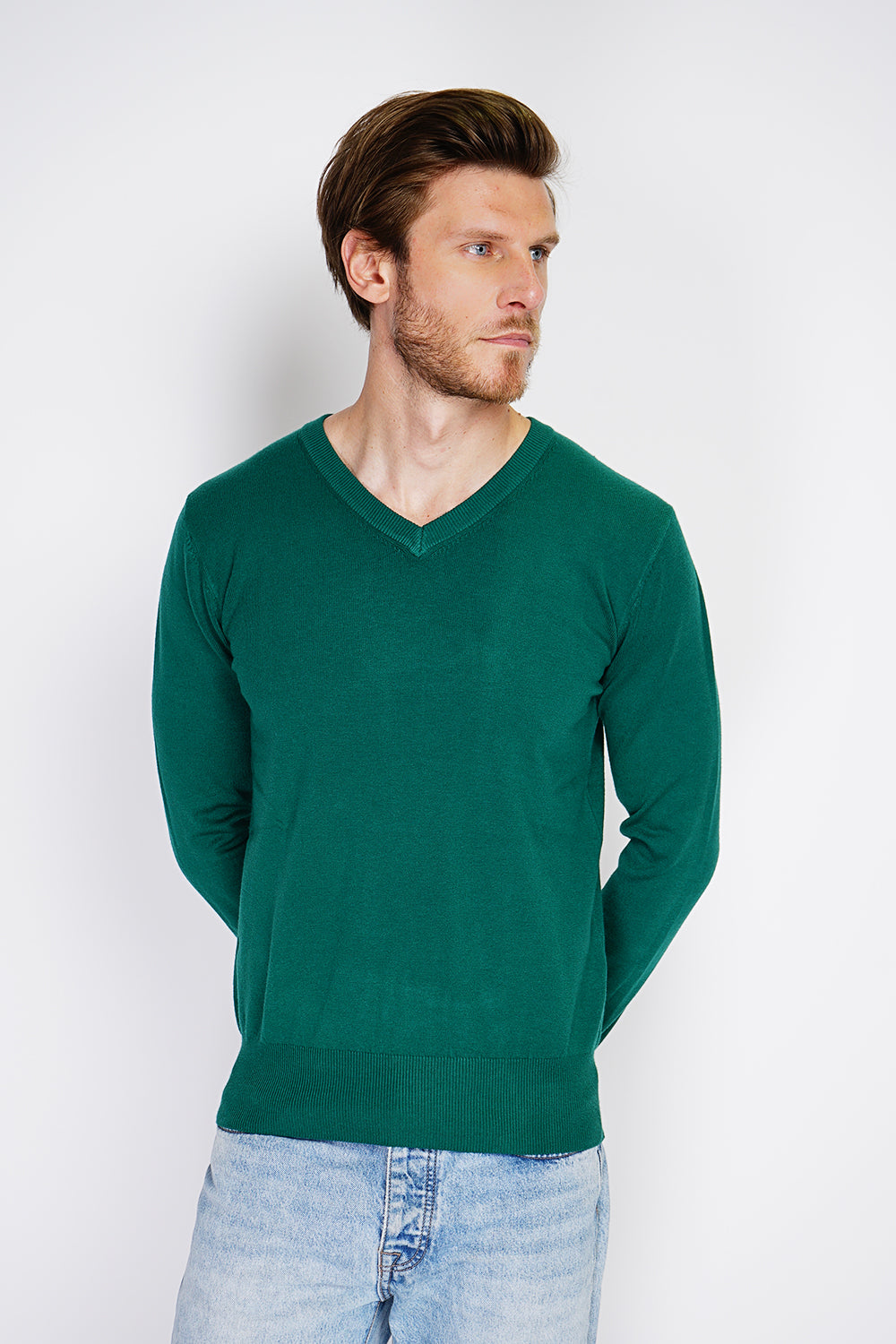 Maglione classico con scollo a V e maniche lunghe, lavorato a maglia a 3 fili - Amazon Green