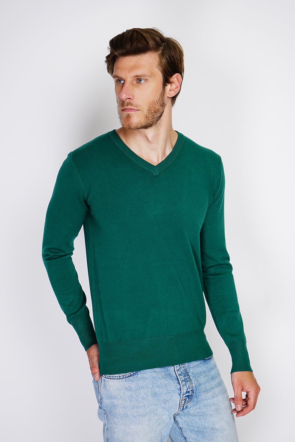 Maglione classico con scollo a V e maniche lunghe lavorato a 3 fili Amazon Green -WFM120