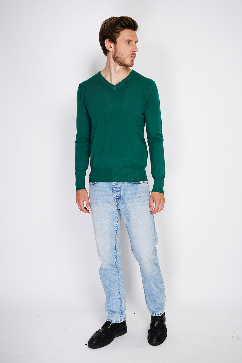 Maglione classico con scollo a V e maniche lunghe lavorato a 3 fili Amazon Green -WFM120