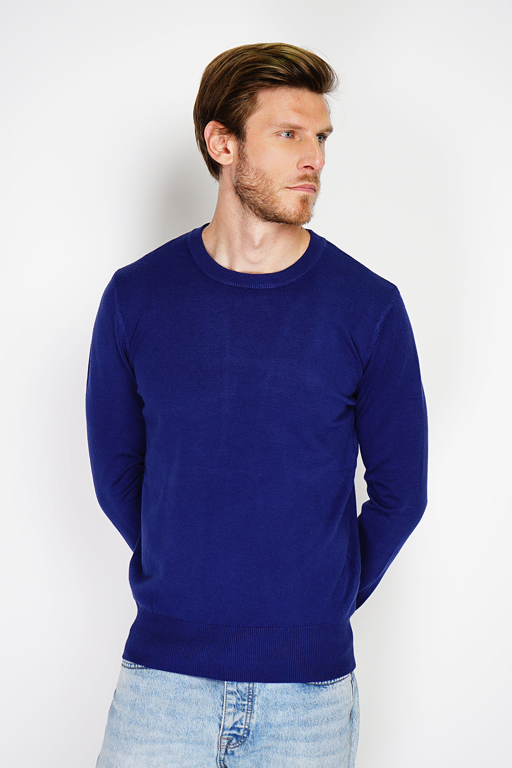 Maglione classico girocollo con maniche lunghe in maglia a 3 fili - Blu notte