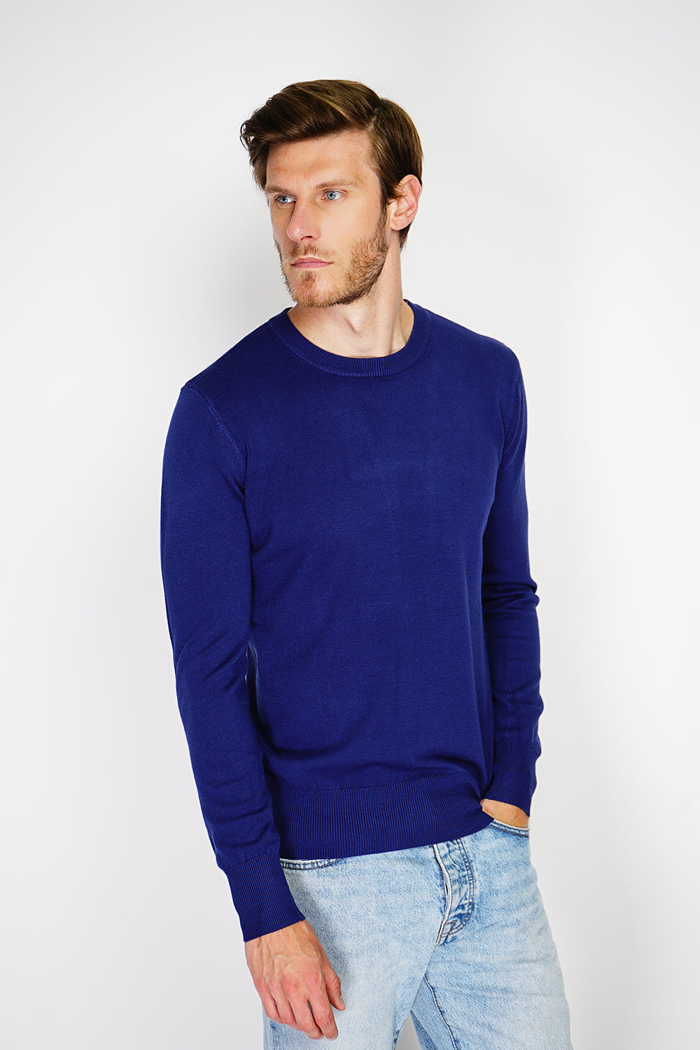 Maglione classico girocollo con maniche lunghe in maglia a 3 fili - Blu notte