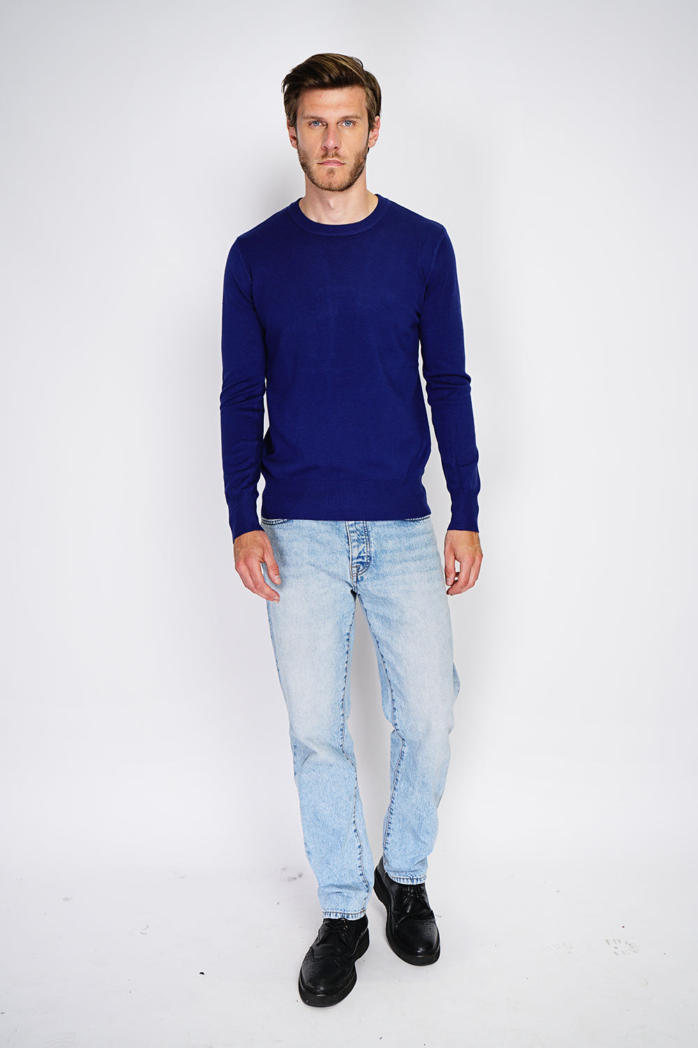 Maglione classico girocollo con maniche lunghe in maglia a 3 fili - Blu notte