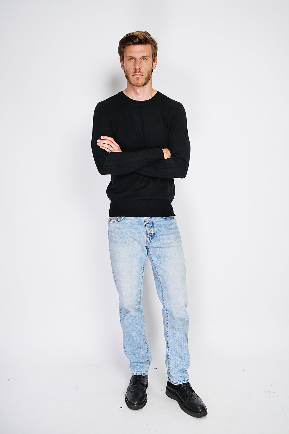 Maglione classico girocollo con maniche lunghe in maglia a 3 fili Nero