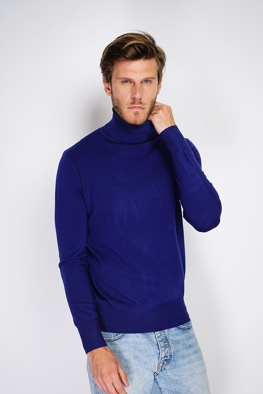 Classico maglione a collo alto a maniche lunghe in maglia a 3 fili Blu Notte
