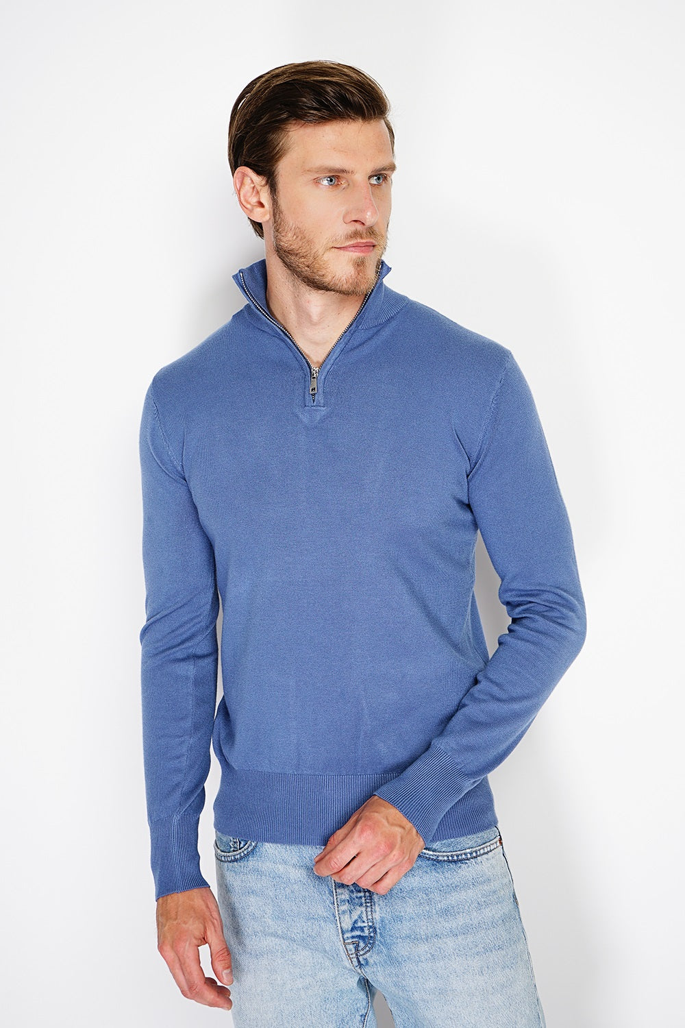 Maglione con collo trucker e zip, maniche lunghe, lavorato a maglia con 3 fili - Jeans Blue