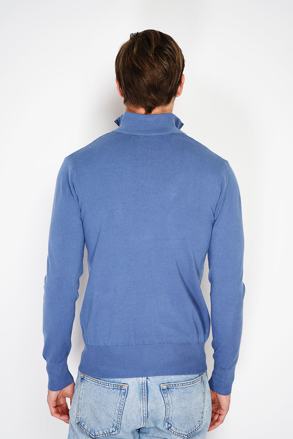 Maglione con collo stile camionista con zip e maniche lunghe lavorato a 3 fili Blu Jeans -WFM125