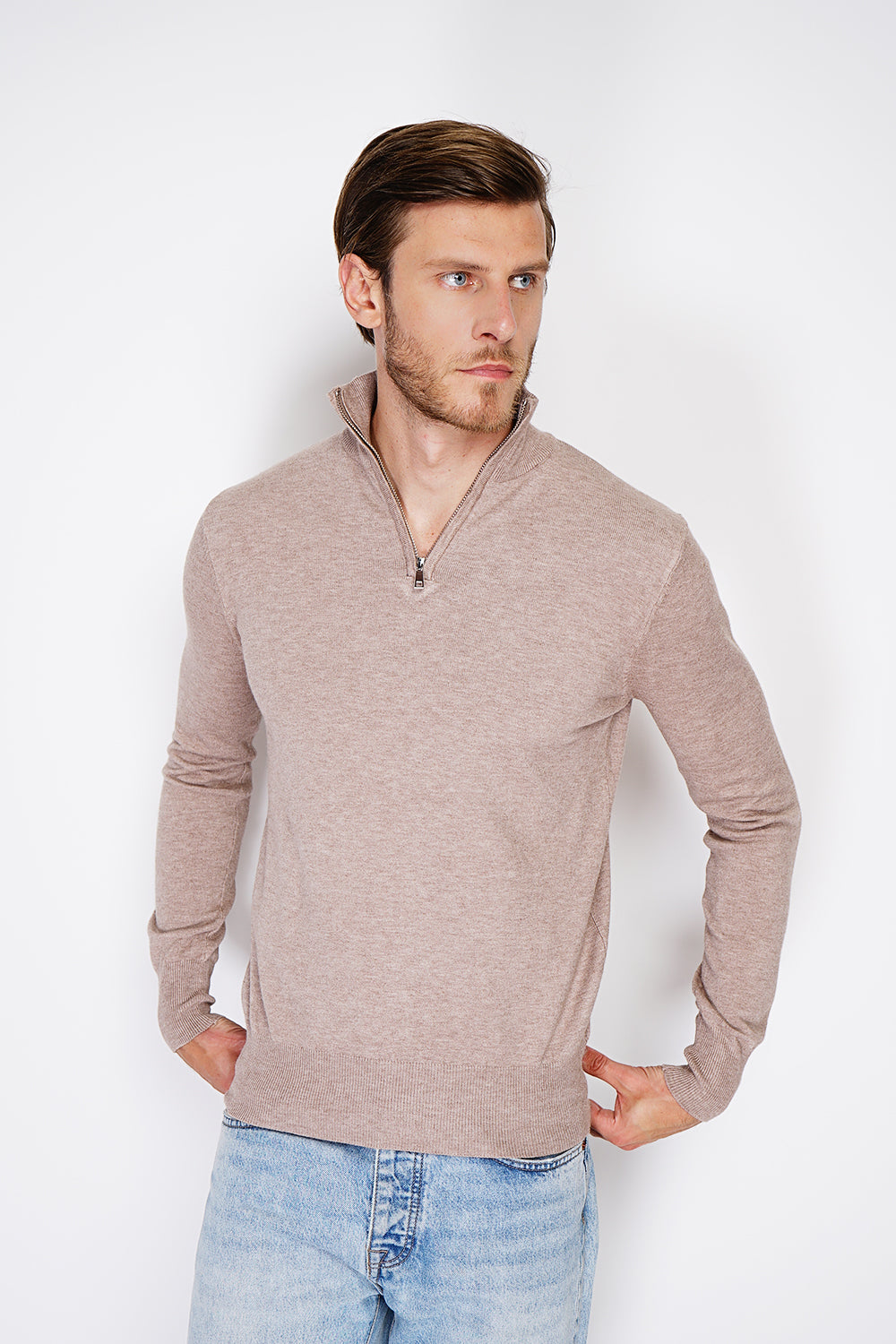 Maglione a maniche lunghe con collo trucker e cerniera in maglia a 3 strati Deserto