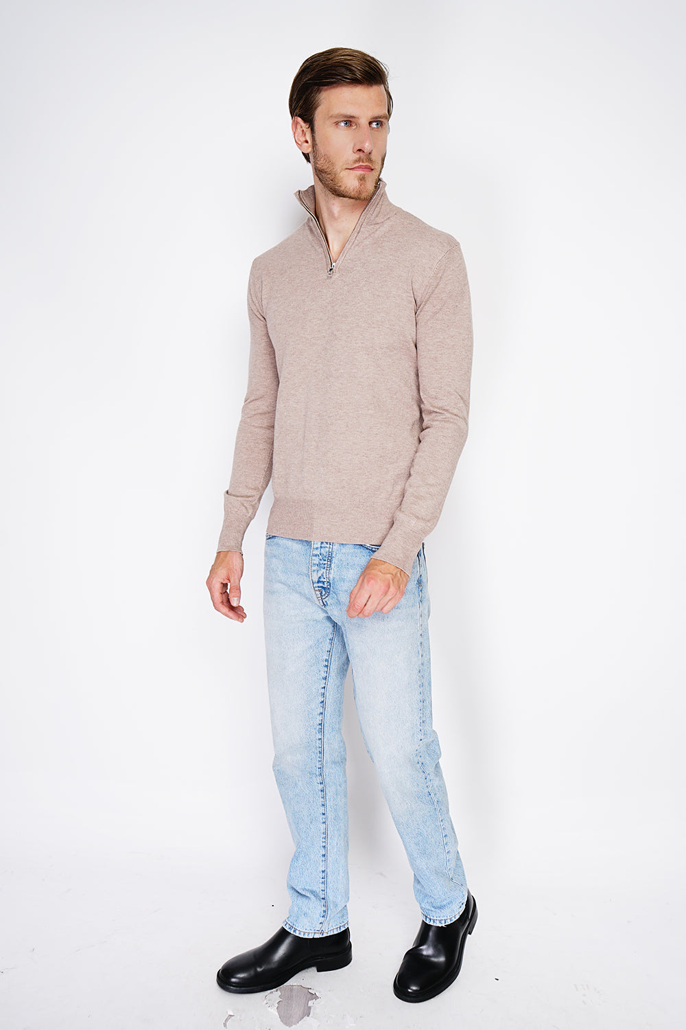 Maglione a maniche lunghe con collo trucker e cerniera in maglia a 3 strati Deserto