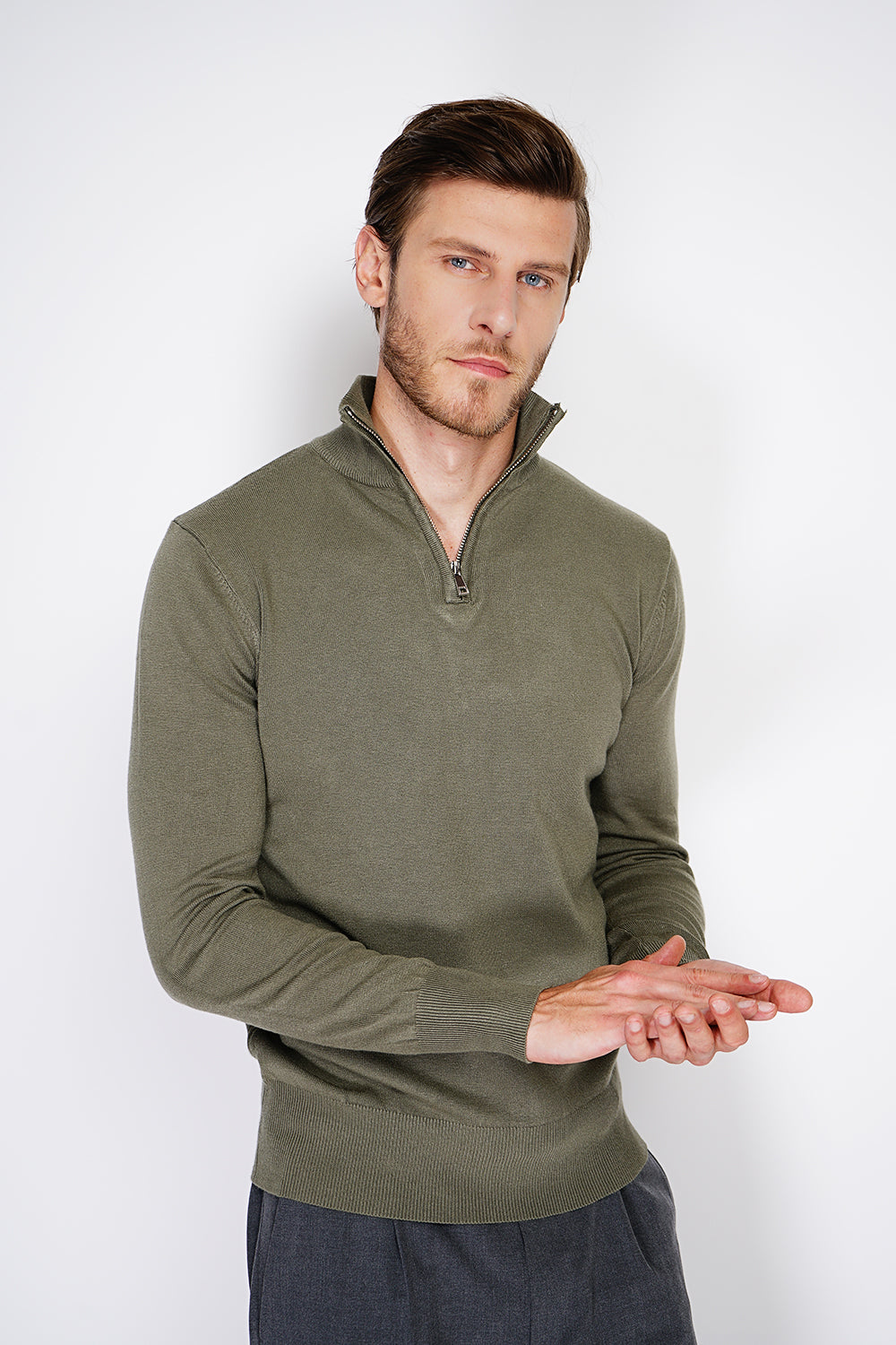 Maglione a maniche lunghe con collo trucker e cerniera in maglia a 3 strati Cachi