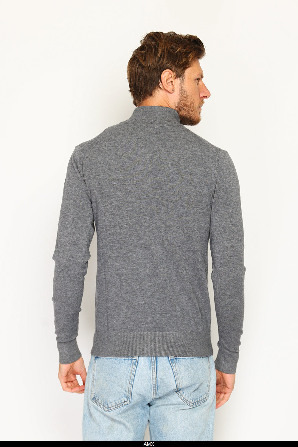 Maglione con collo stile camionista con zip e maniche lunghe lavorato a 3 fili Grigio scuro -WFM125