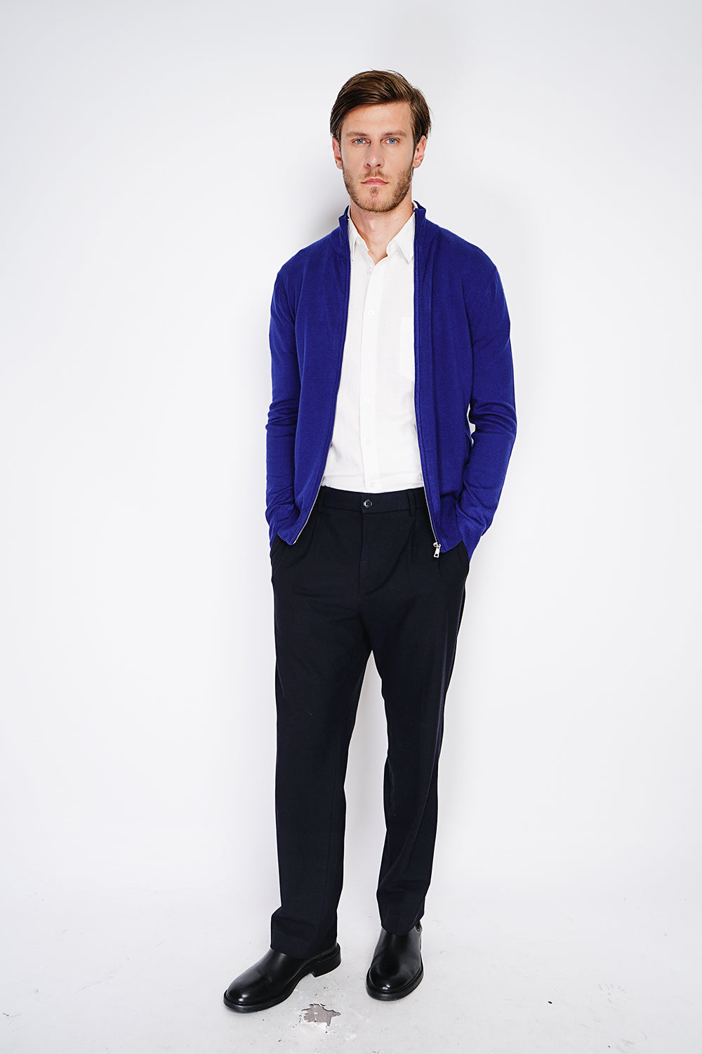 Cardigan classico a maniche lunghe con zip lavorato a maglia a 3 capi Blu notte -WFM126