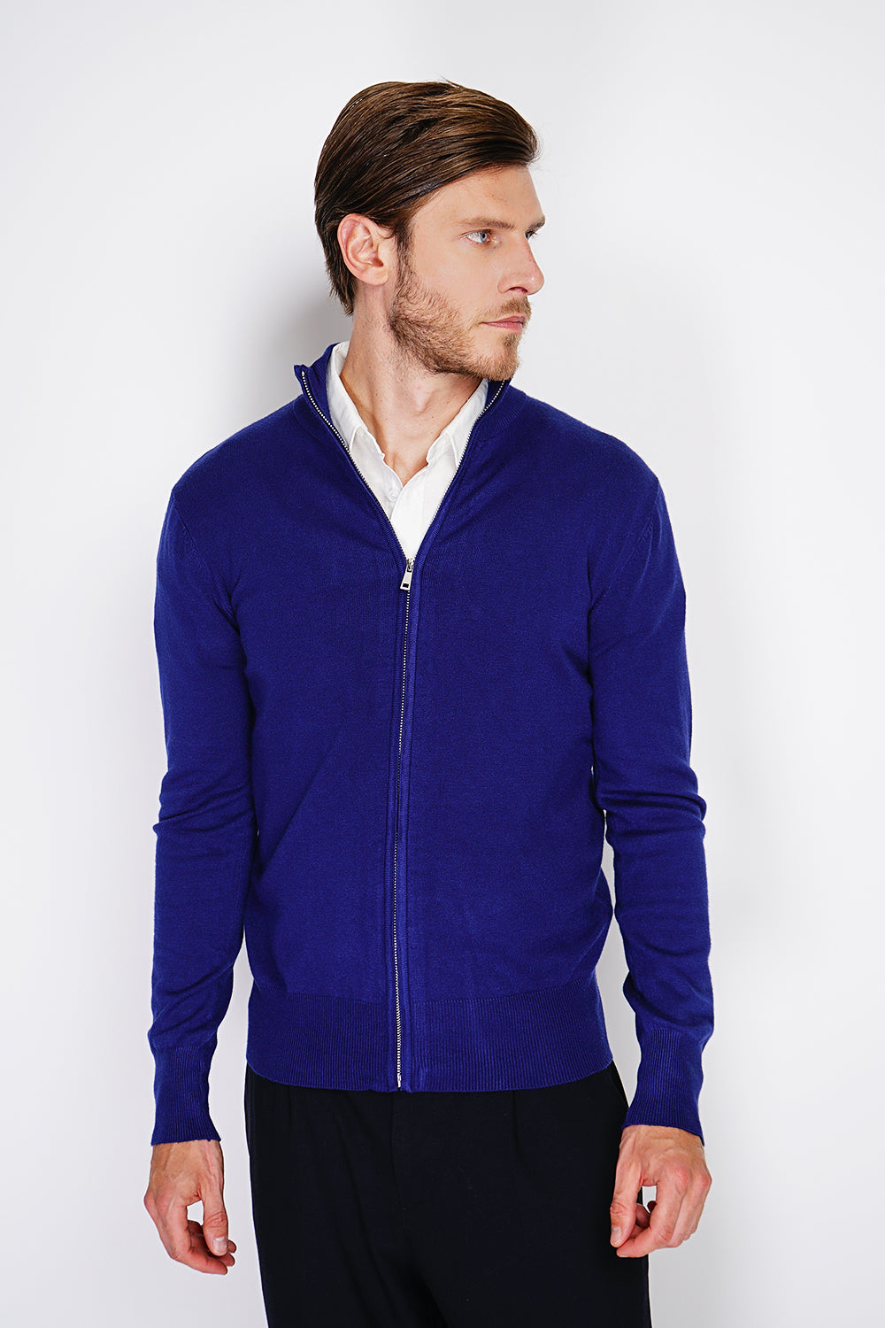 Cardigan classico a maniche lunghe con zip lavorato a maglia a 3 capi Blu notte -WFM126