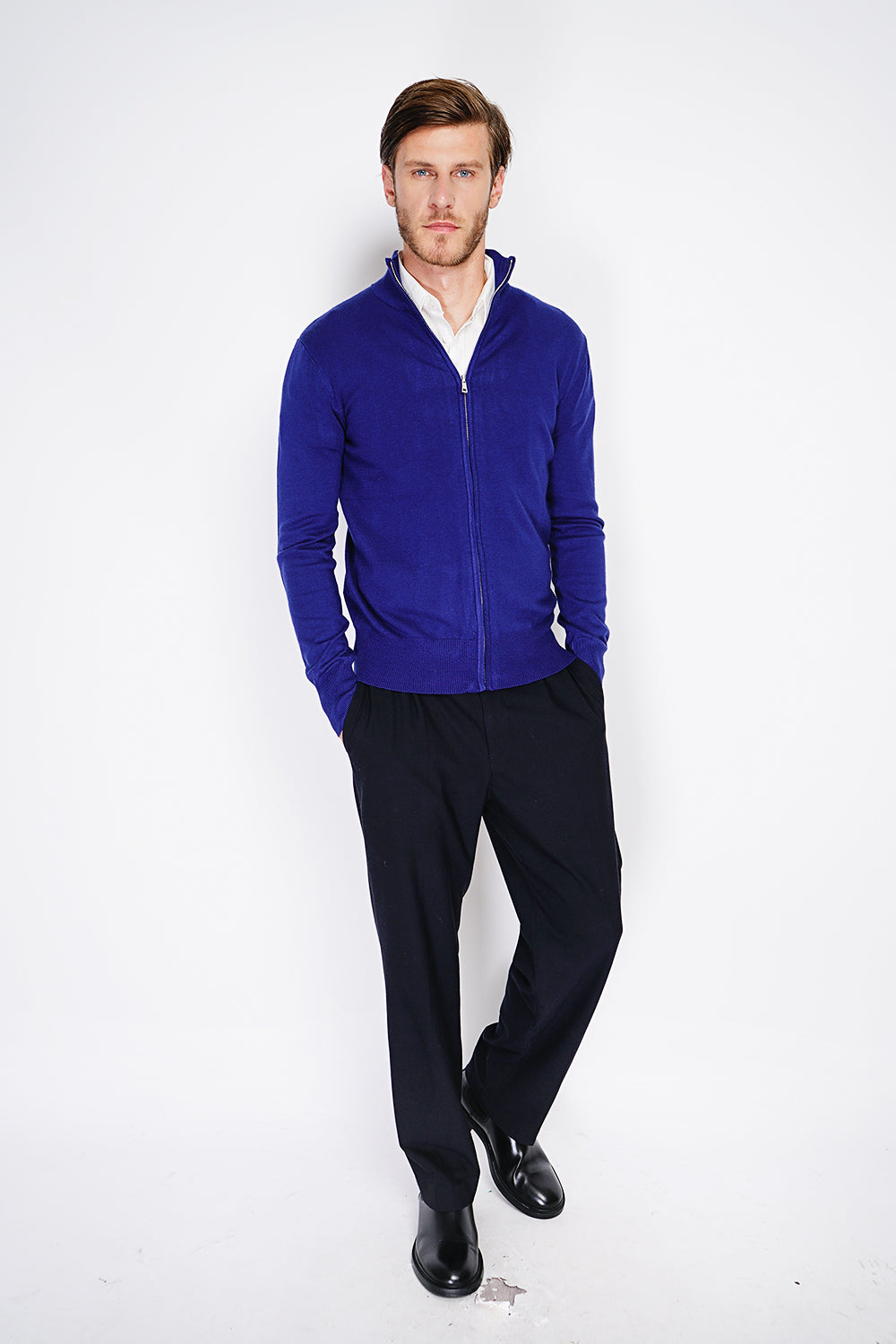 Cardigan classico a maniche lunghe con zip lavorato a maglia a 3 capi Blu notte -WFM126