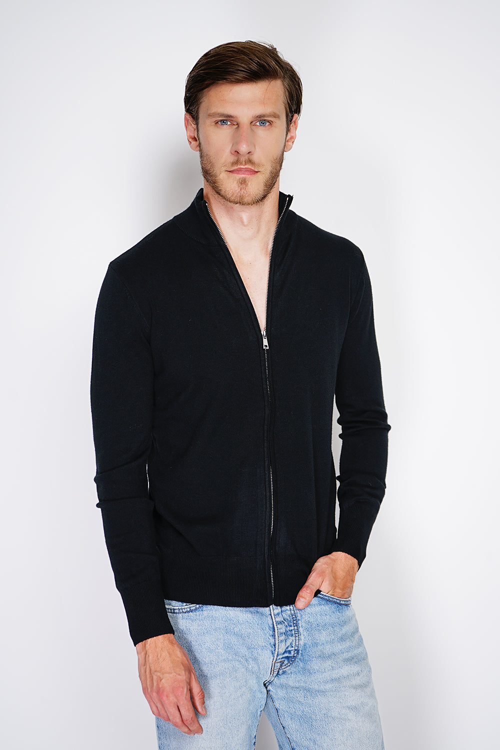 Cardigan classico a maniche lunghe con cerniera in maglia a 3 strati Nero