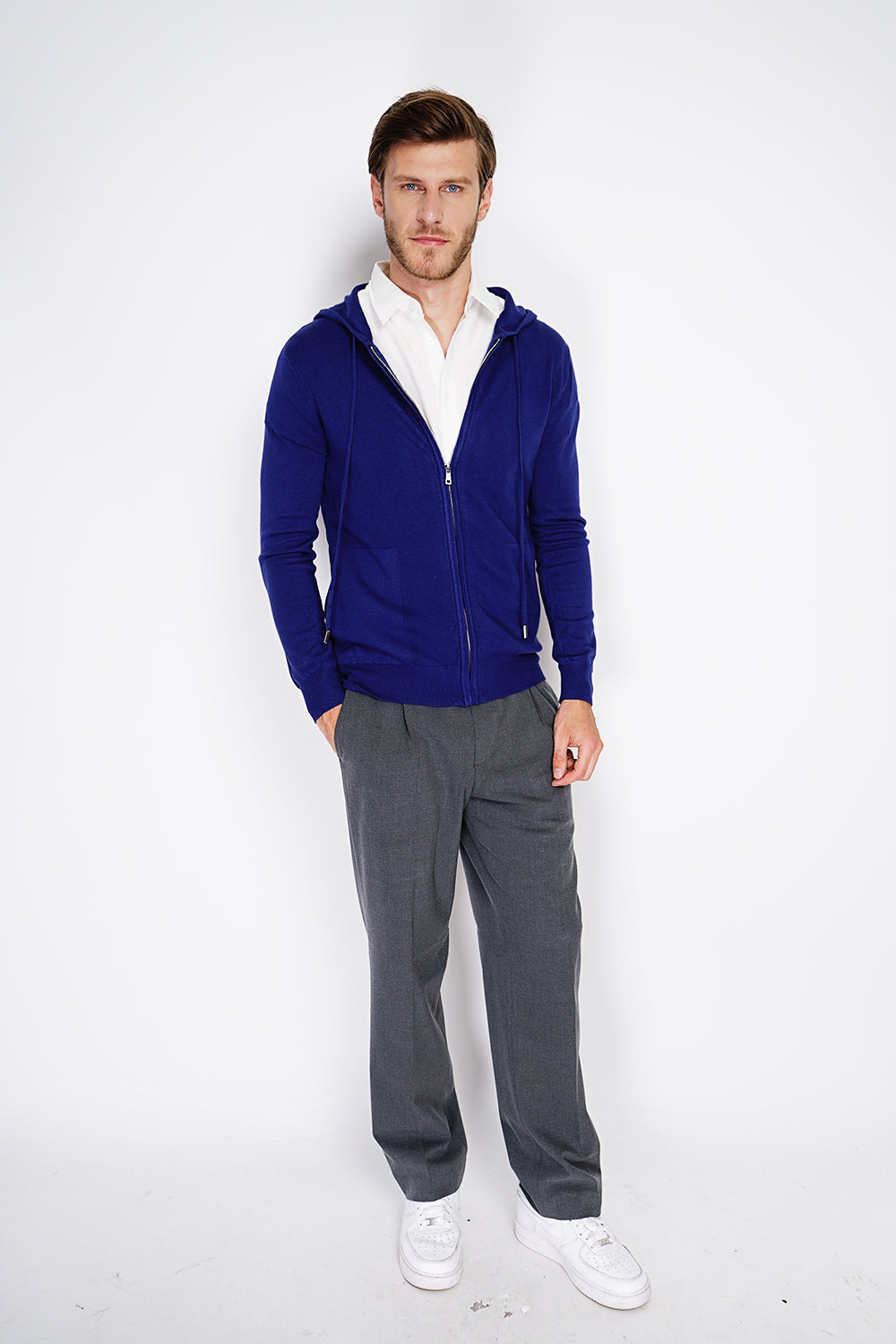 Gilet con cerniera e cappuccio in maglia a maniche lunghe - Blu notte