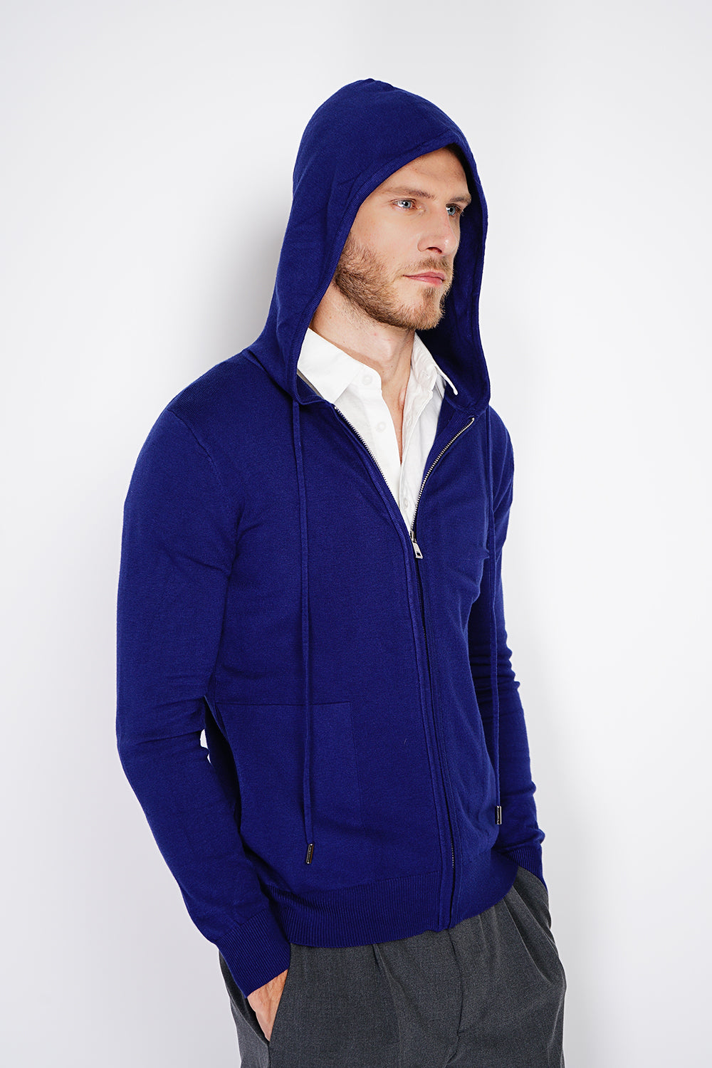 Gilet con cerniera e cappuccio in maglia a maniche lunghe - Blu notte