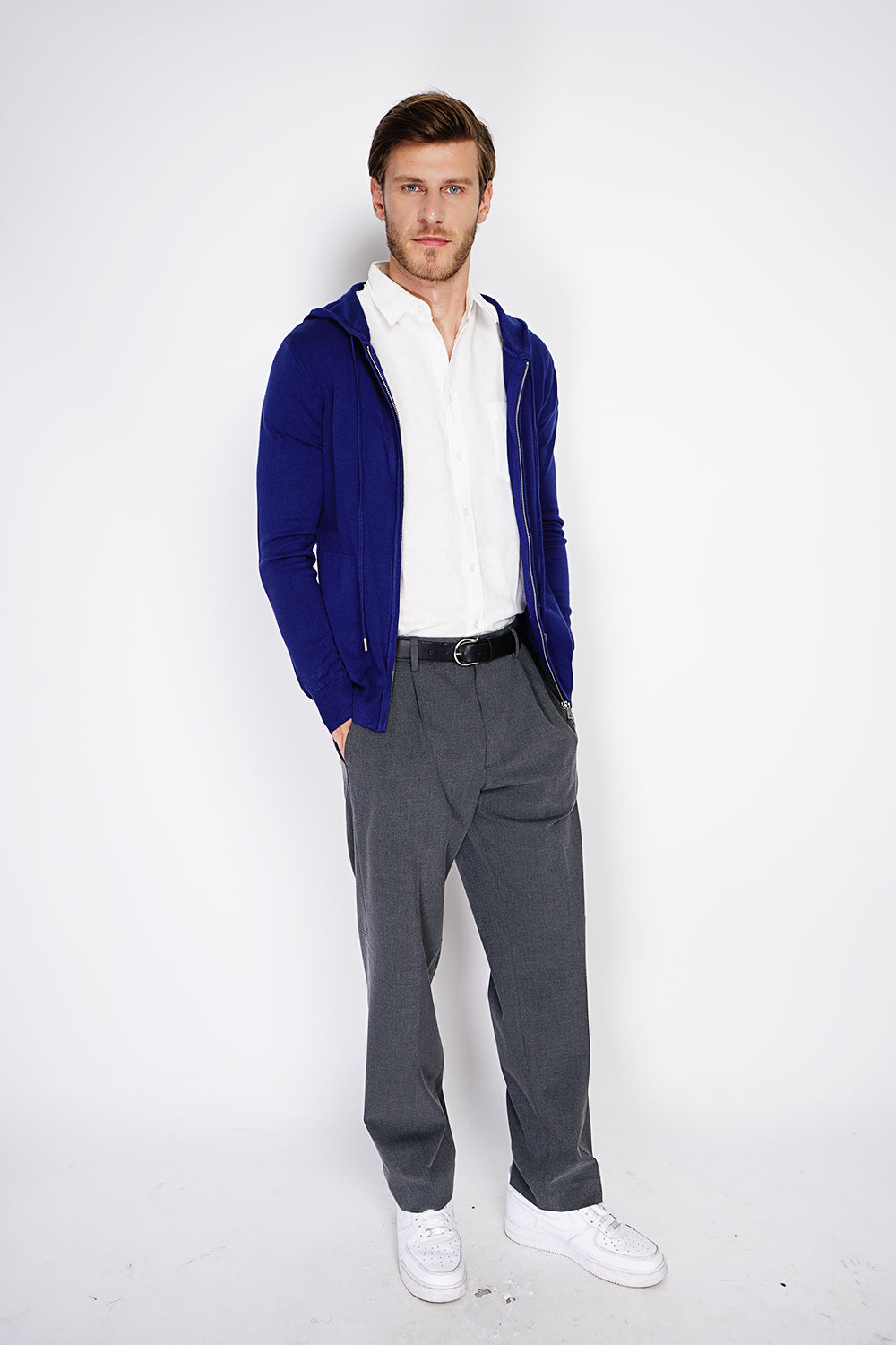 Gilet con cerniera e cappuccio in maglia a maniche lunghe - Blu notte