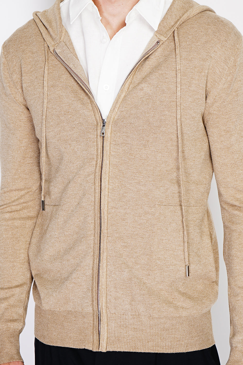 Gilet a maniche lunghe in maglia a 3 strati con cerniera e cappuccio - Cammello