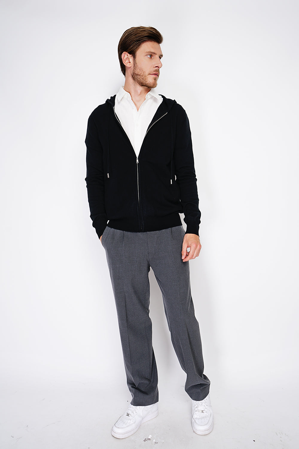 Gilet a maniche lunghe in maglia a 3 strati con cerniera e cappuccio - Nero