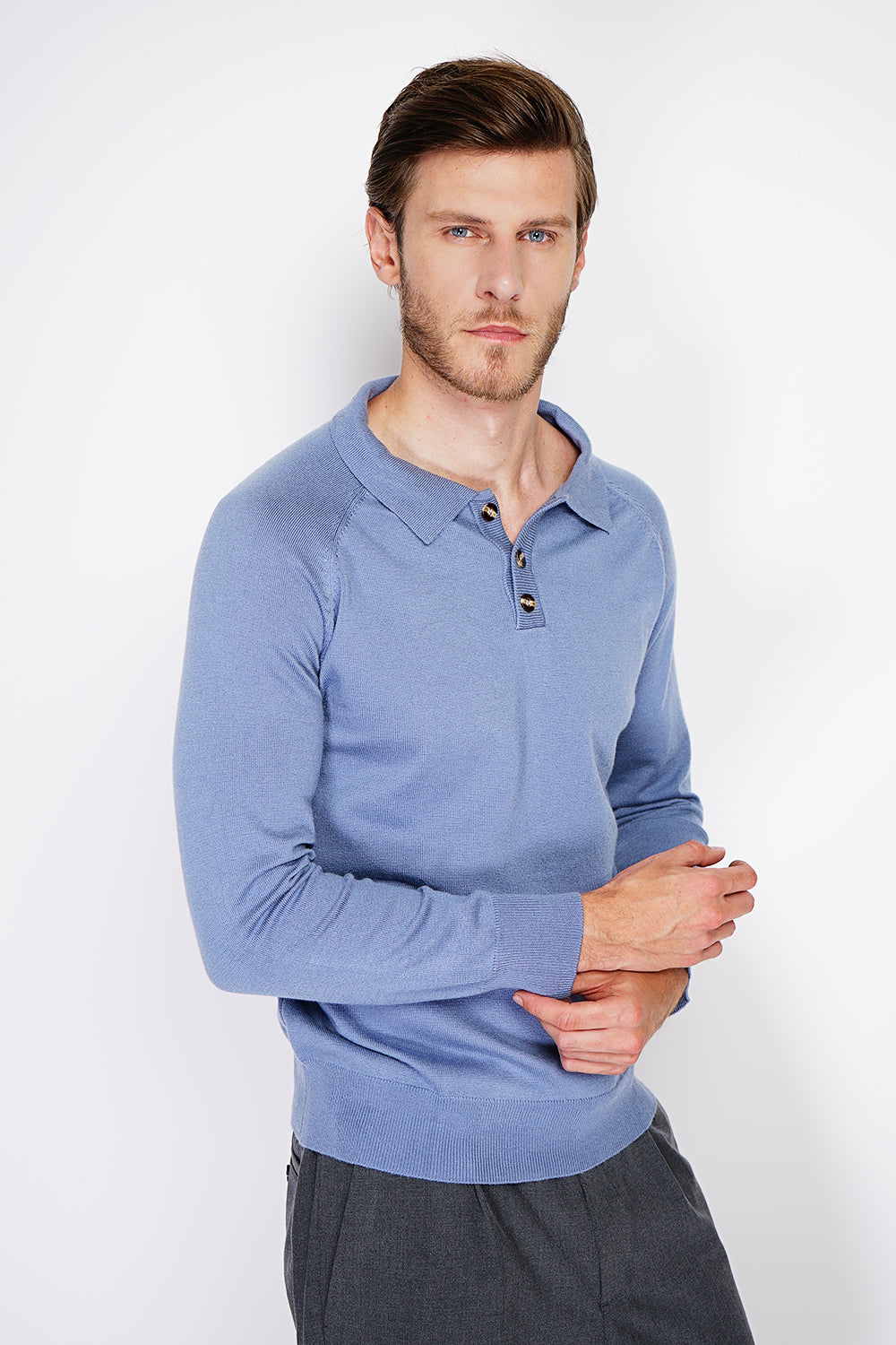 Maglione classico con collo polo e maniche lunghe, lavorazione a 2 fili - Jeans Blue