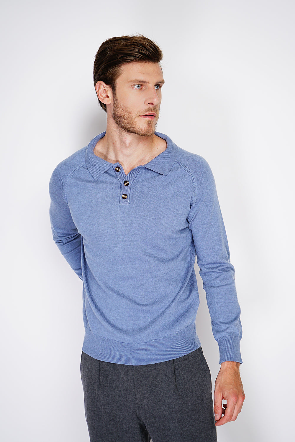 Maglione classico con collo polo e maniche lunghe, lavorazione a 2 fili - Jeans Blue