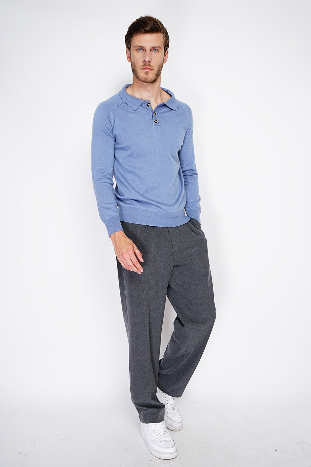 Maglione classico con collo polo e maniche lunghe, lavorazione a 2 fili - Jeans Blue