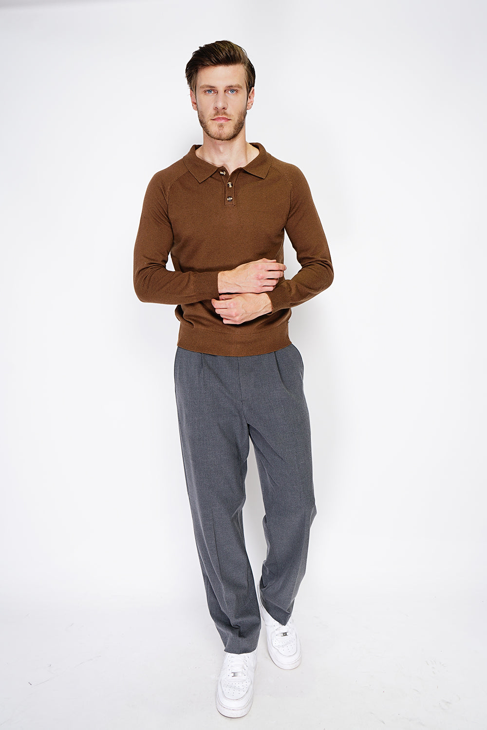 Maglione classico a collo alto con maniche lunghe, maglia a 2 fili Marrone