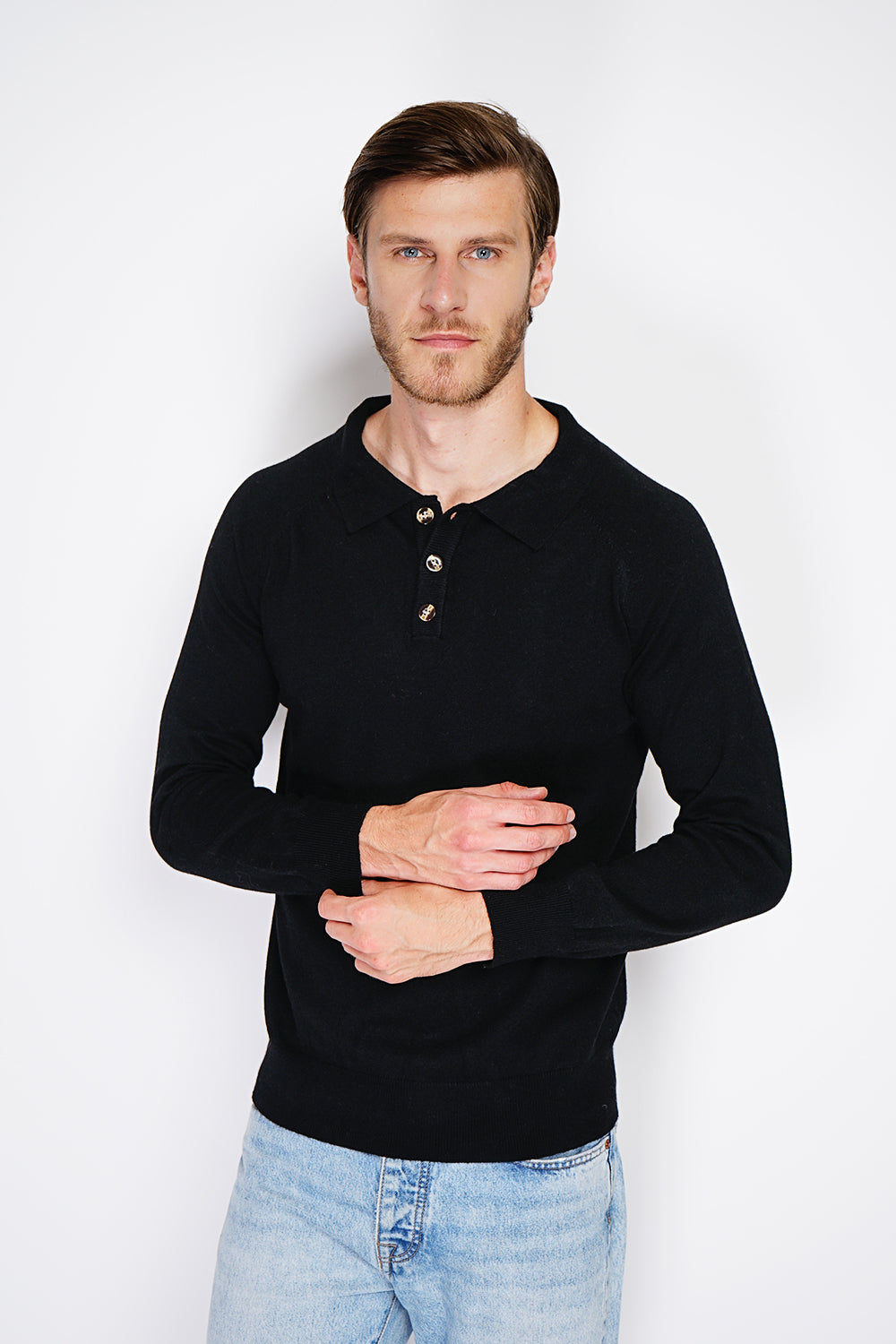 Maglione classico a collo alto con maniche lunghe, maglia a 2 fili Nero