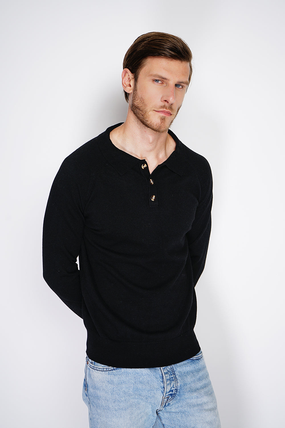 Maglione classico a collo alto con maniche lunghe, maglia a 2 fili Nero