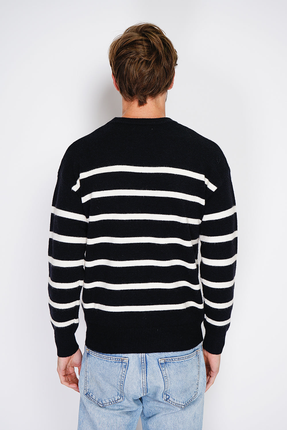 Maglione a righe bretoni a maniche lunghe e scollo tondo - Nero