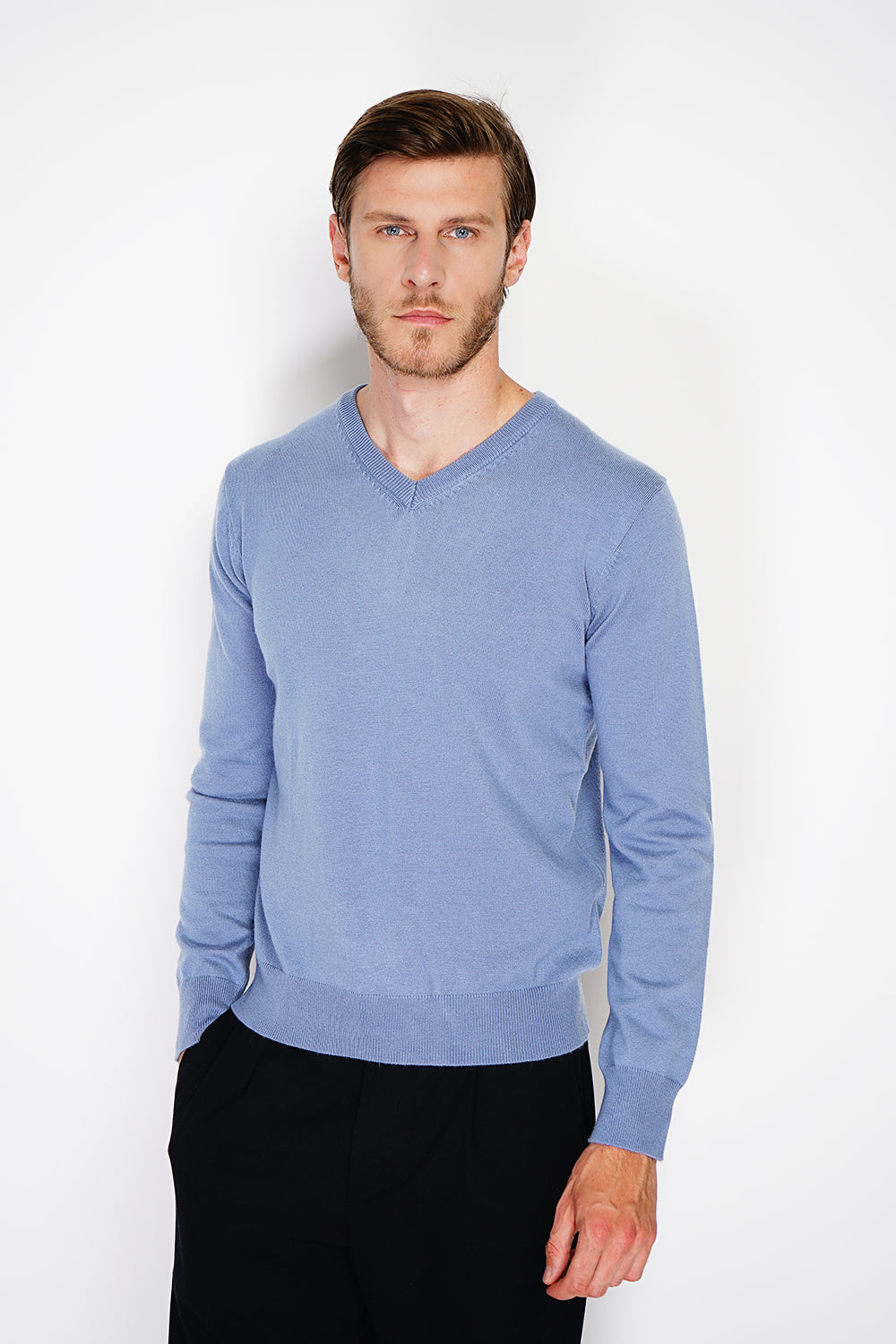 Maglione classico con scollo a V e maniche lunghe lavorato a maglia a 2 fili - Jeans Blue