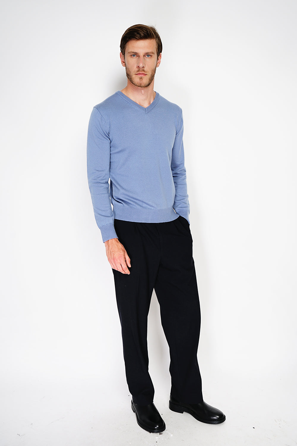 Maglione classico con scollo a V e maniche lunghe lavorato a maglia a 2 fili - Jeans Blue