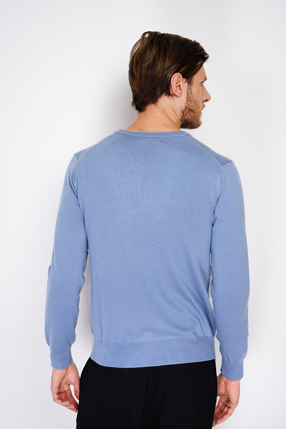 Maglione classico con scollo a V e maniche lunghe lavorato a maglia a 2 fili - Jeans Blue