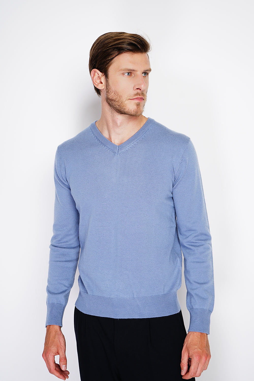 Maglione classico con scollo a V e maniche lunghe lavorato a maglia a 2 fili - Jeans Blue