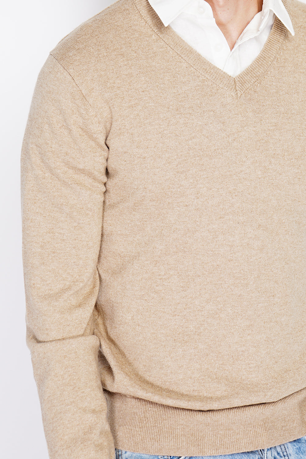 Maglione classico con scollo a V e maniche lunghe, maglia a 2 fili Cammello