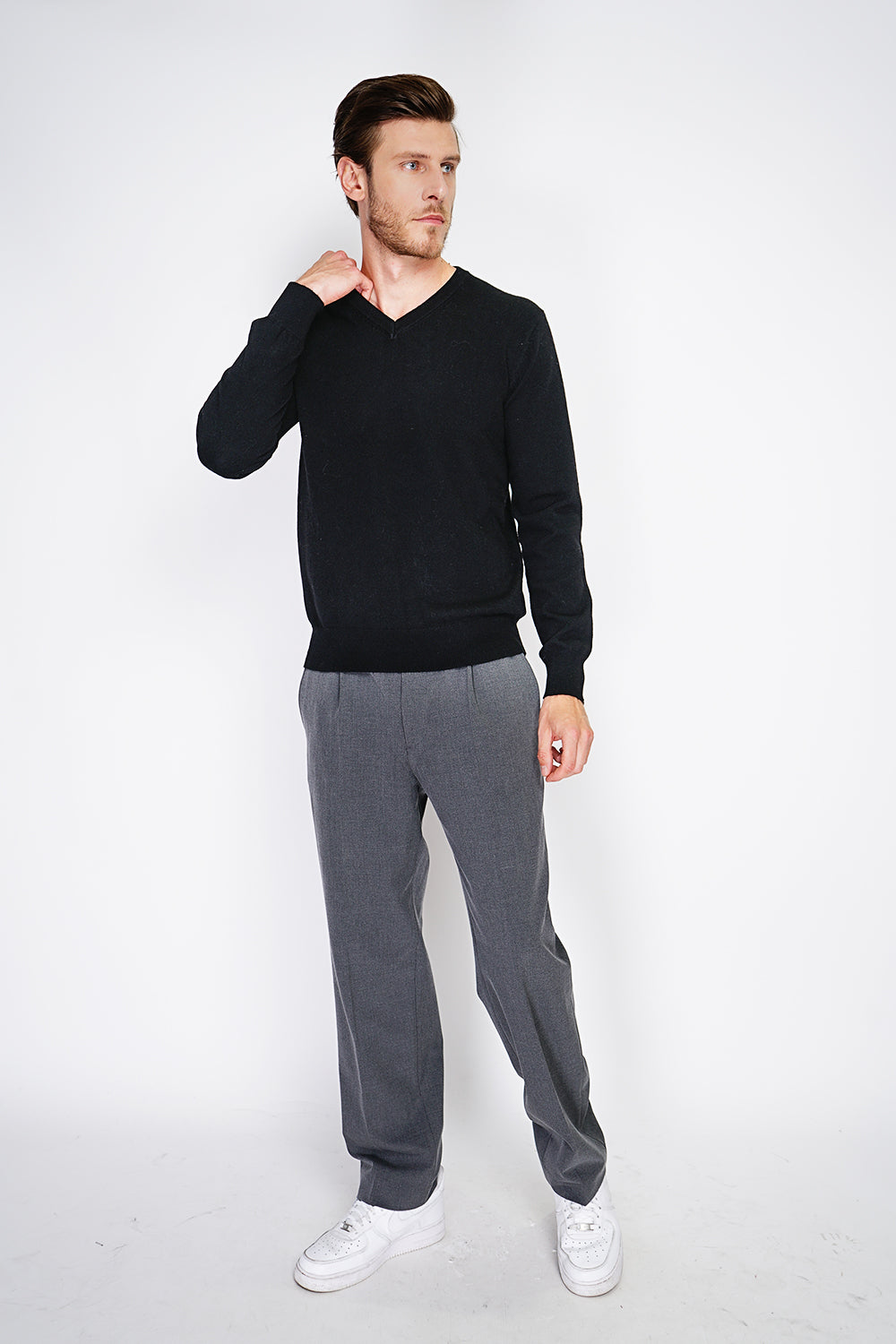 Maglione classico con scollo a V e maniche lunghe, maglia a 2 fili Nero