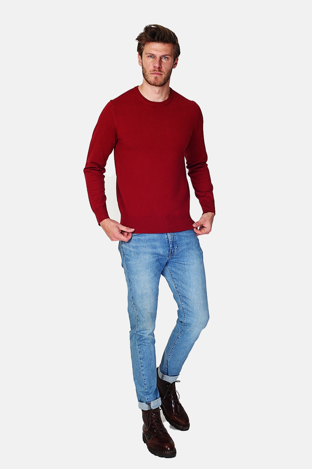 Maglione classico girocollo con maniche lunghe, maglia a 2 fili Bordeaux