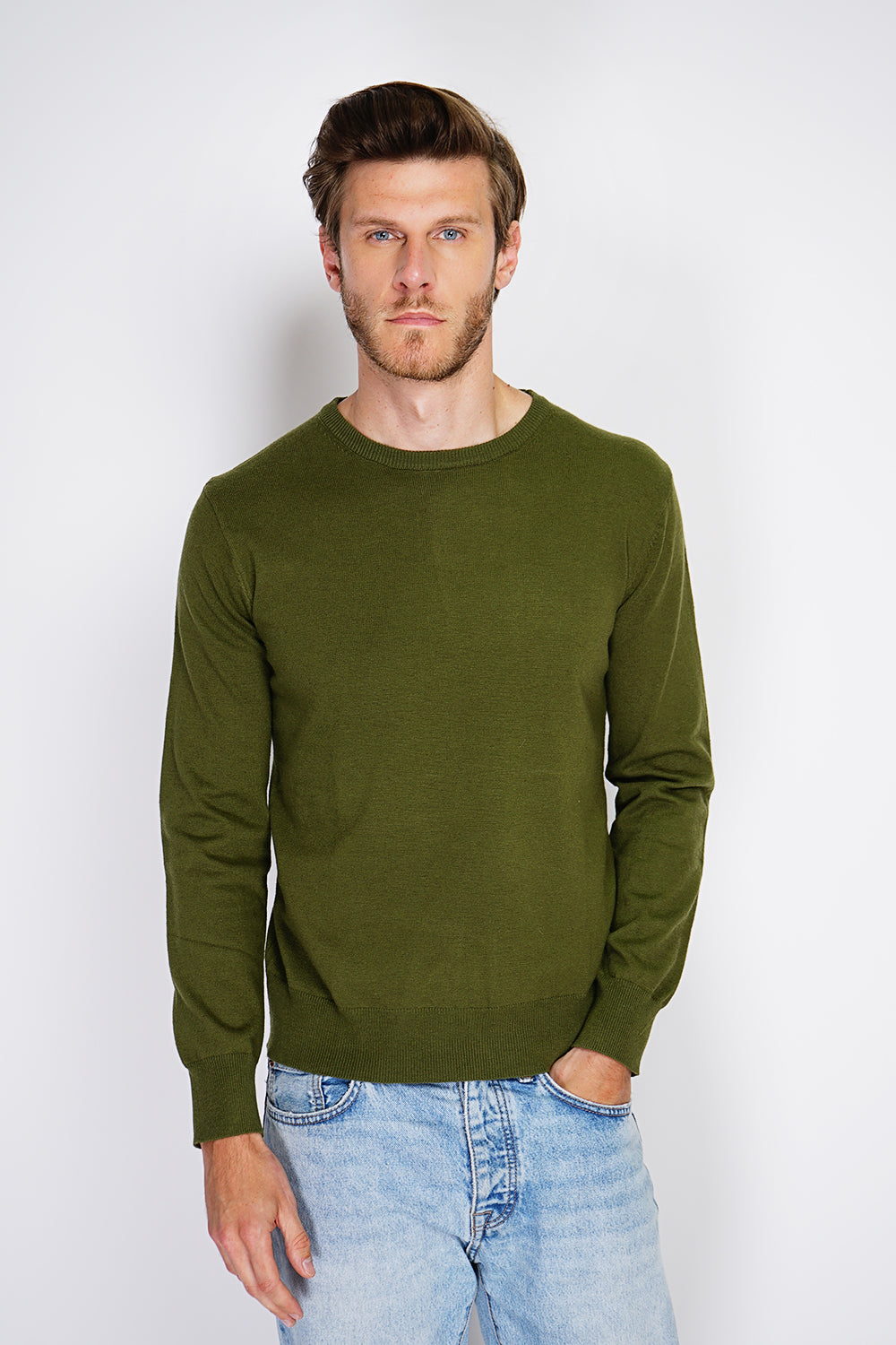 Maglione classico girocollo con maniche lunghe, maglia a 2 fili Cachi