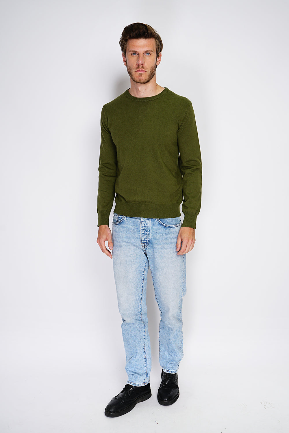 Maglione classico girocollo con maniche lunghe, maglia a 2 fili Cachi