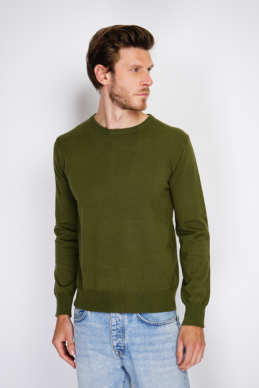 Maglione classico girocollo con maniche lunghe, maglia a 2 fili Cachi