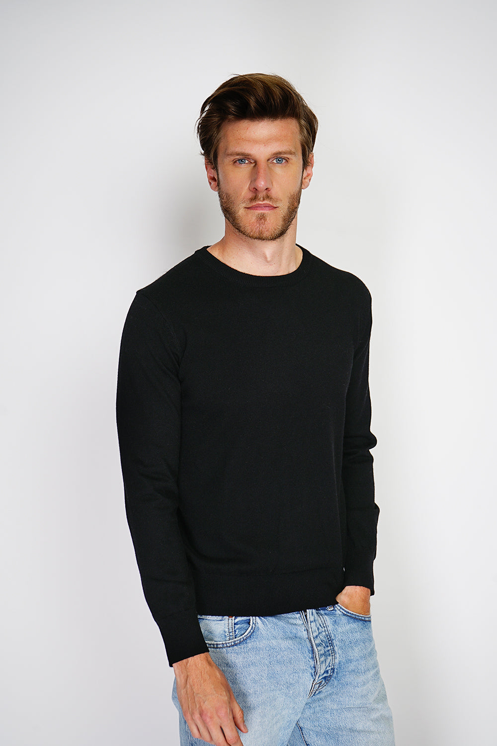 Maglione classico girocollo con maniche lunghe, maglia a 2 fili Nero