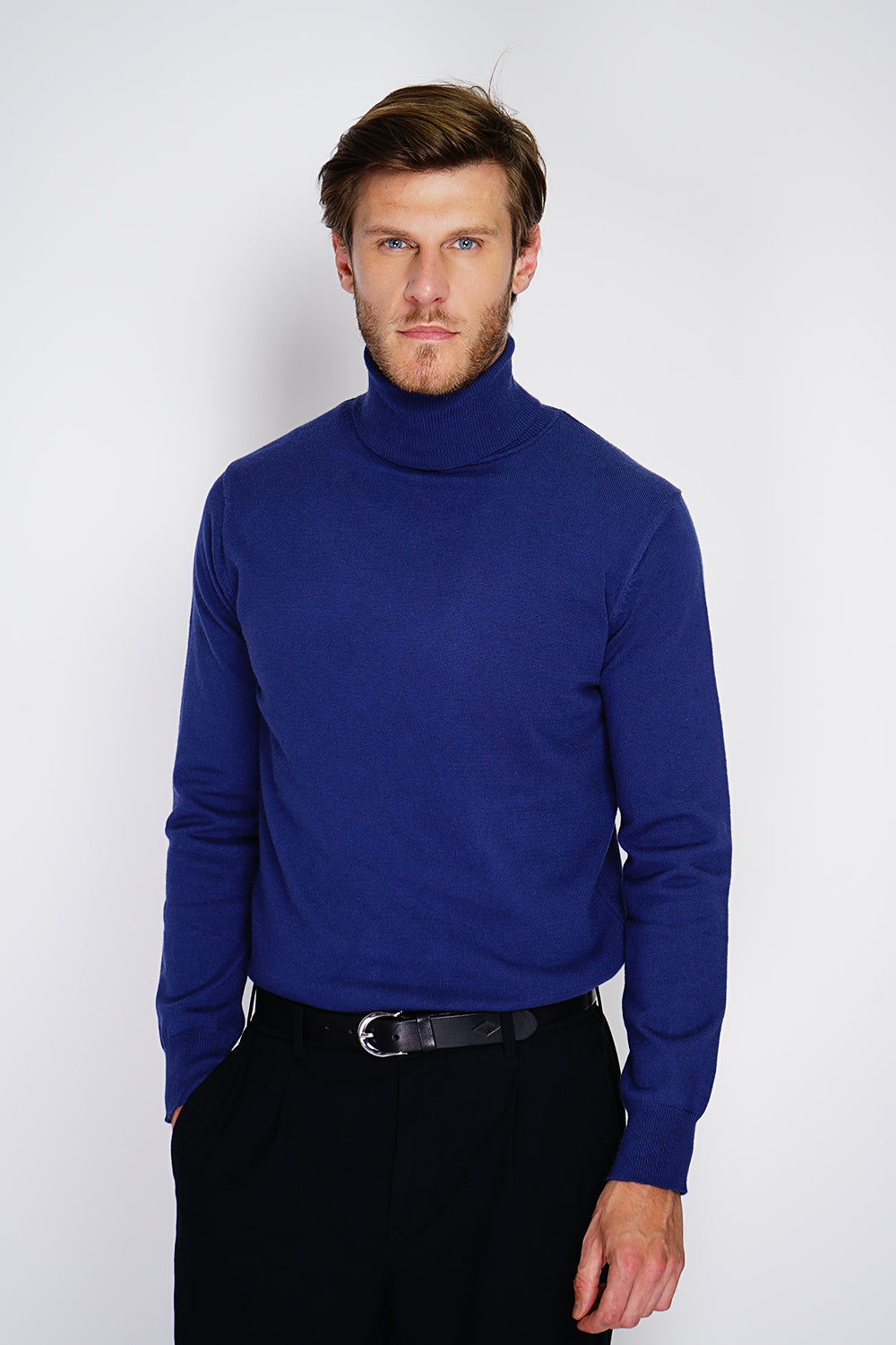 Classico maglione a collo alto a maniche lunghe in maglia a 2 fili Blu Notte