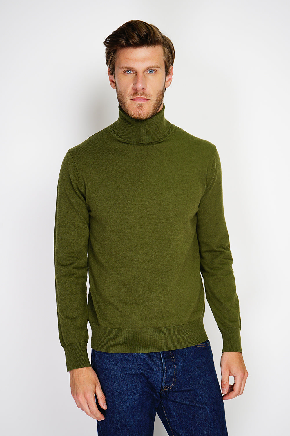 Classico maglione a collo alto con maniche lunghe lavorato in 2 fili Khaki -WFM143