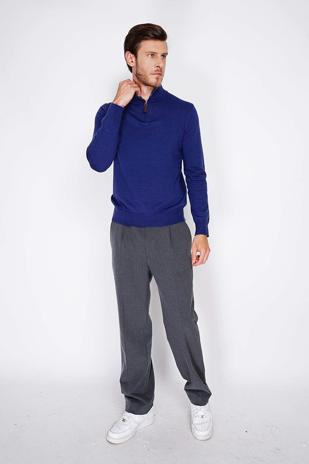 Maglione a maniche lunghe con collo trucker e cerniera in maglia a 2 strati Blu Notte