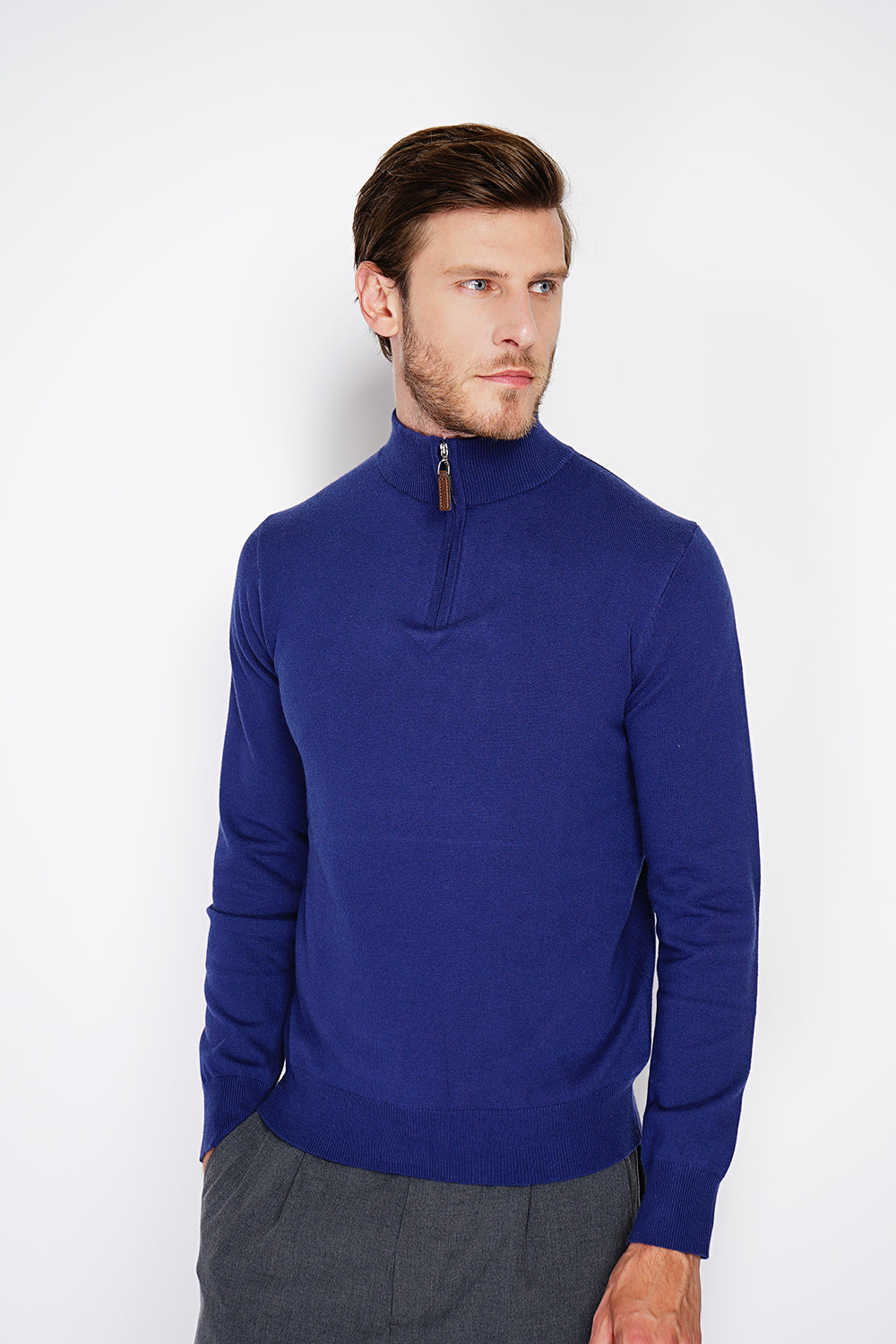 Maglione collo stile camionista con zip e maniche lunghe lavorato a 2 fili Blu notte -WFM145